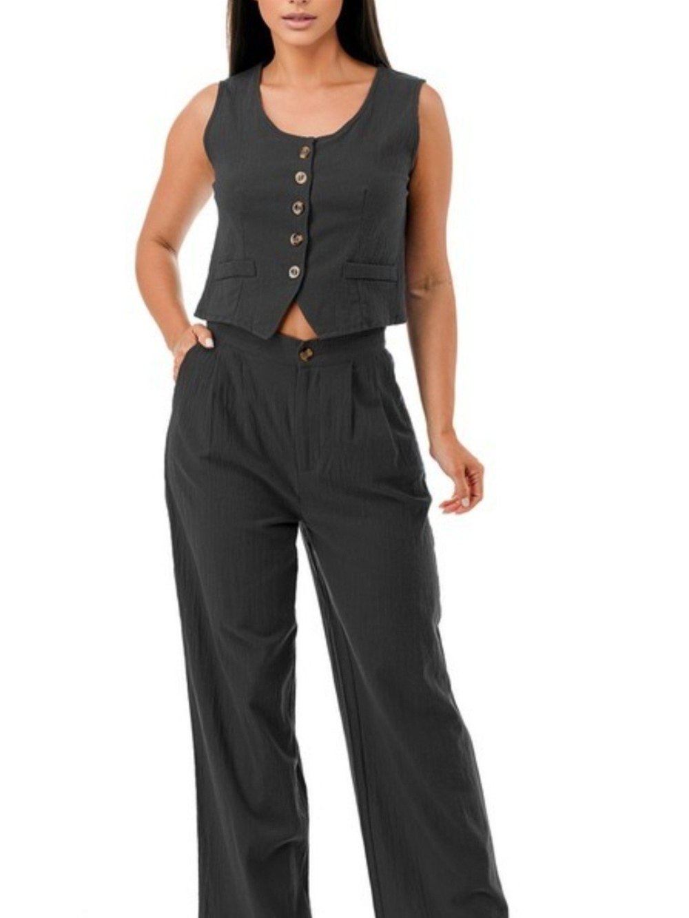 SHEIN Black Button-Front Vest with High-Waist Wide-Leg Pants Set